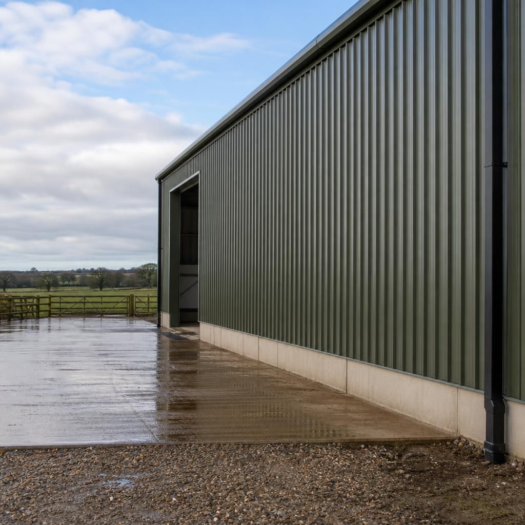 Steel-framed building with profiled metal wall cladding in an open rural setting