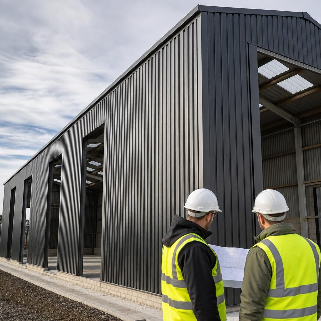 Tall agricultural building with vertically aligned profiled metal wall panels and framed openings