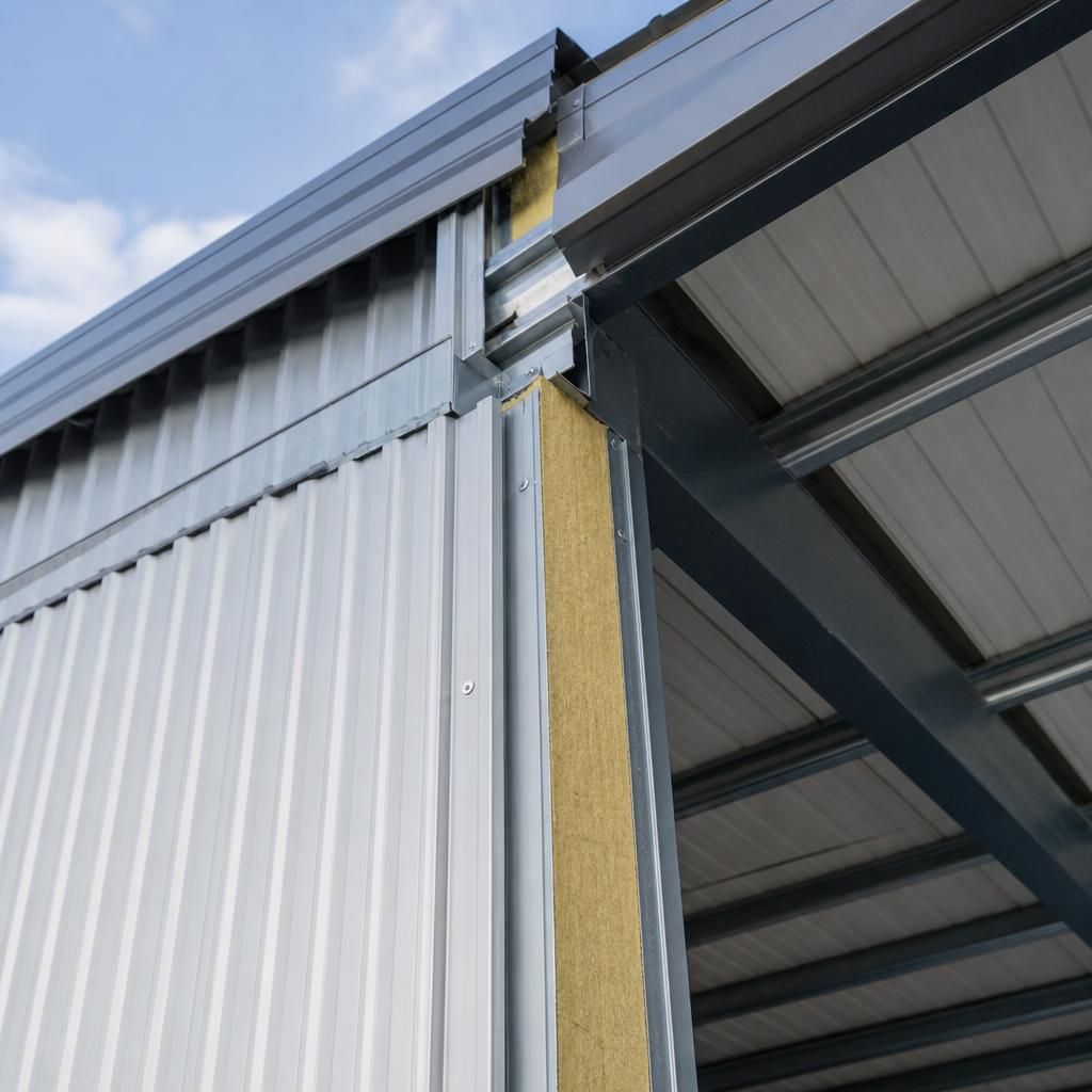 Steel wall cladding panels with insulation visible at a roof junction