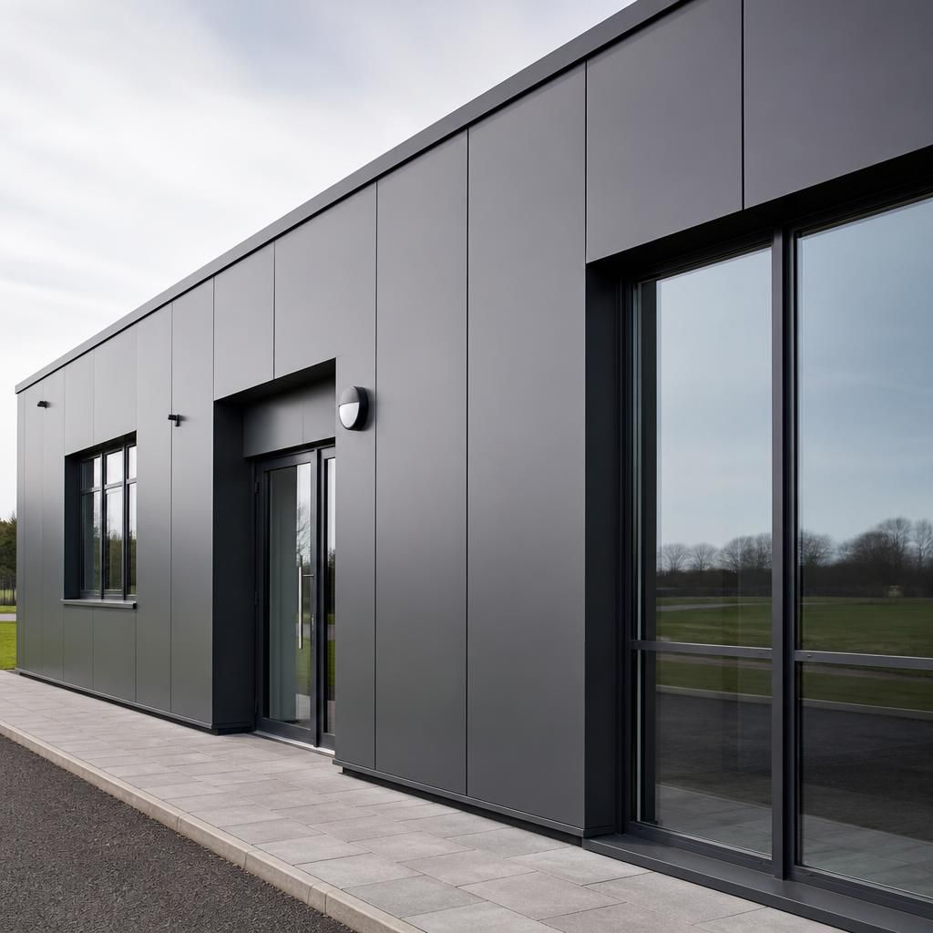 Flat metal sheets forming a smooth façade around windows and doors