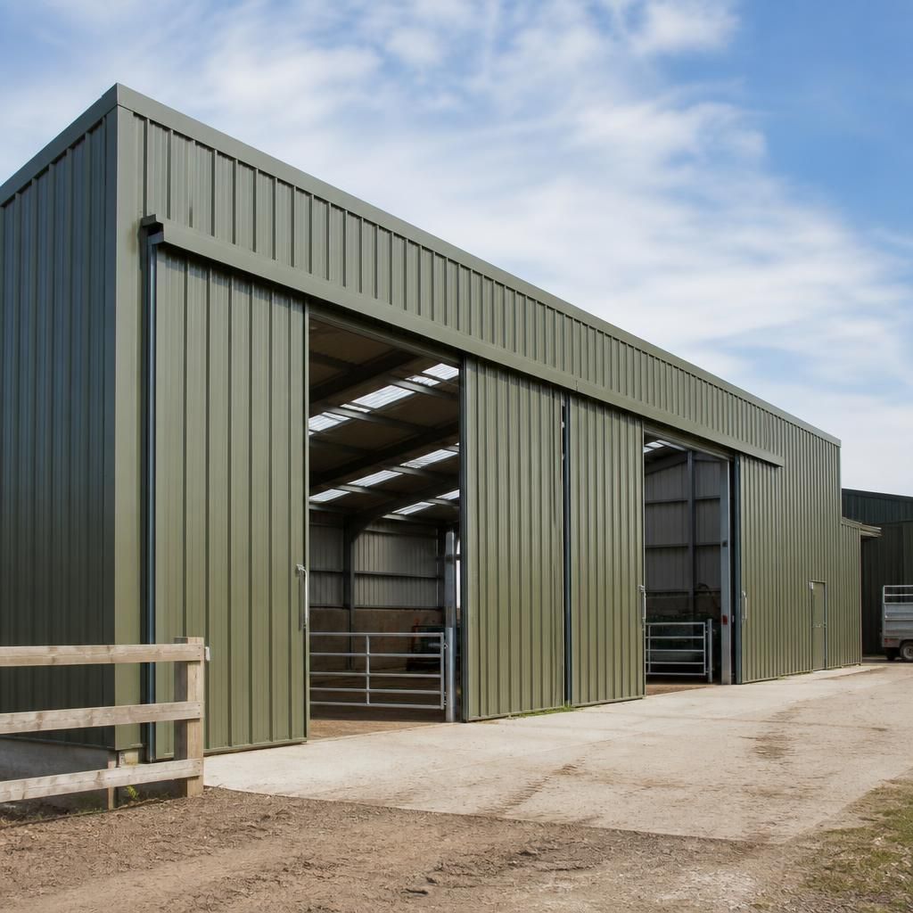 Steel-framed agricultural building with profiled metal wall panels and large access doors