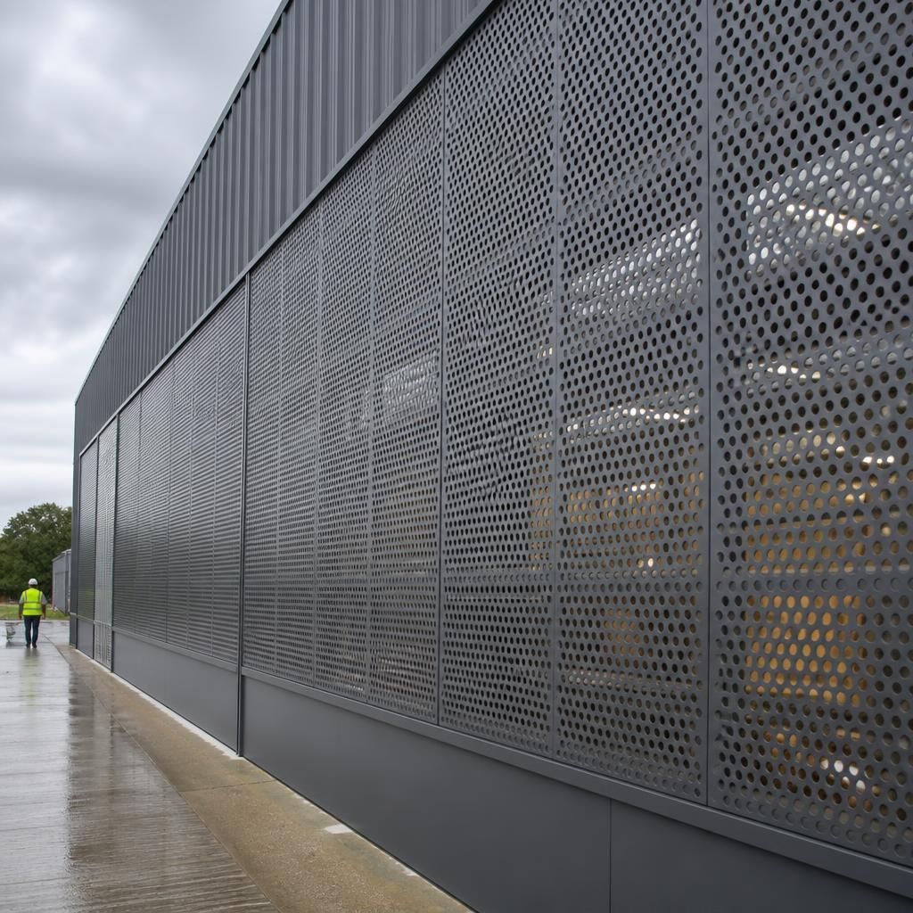 Perforated metal panels fitted across an industrial building façade