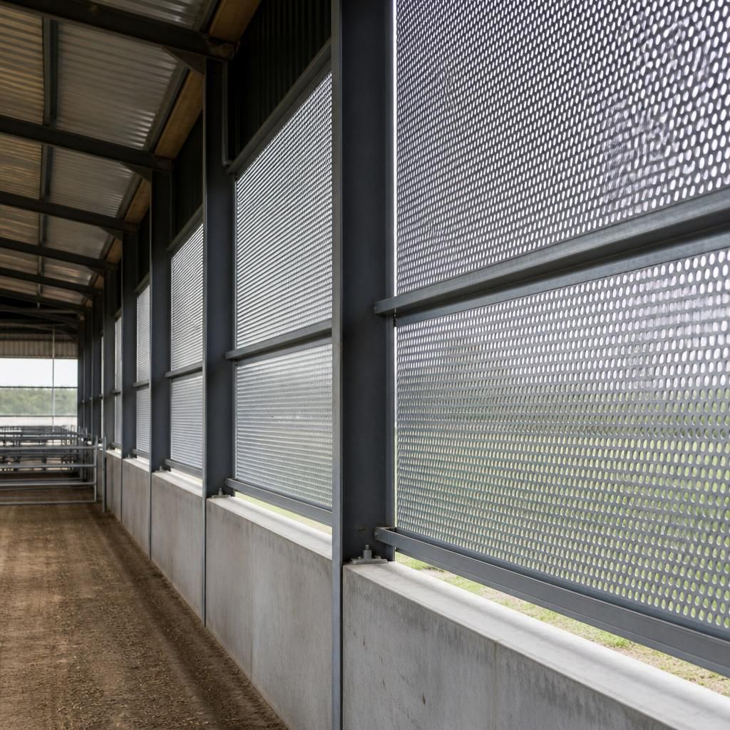 Perforated steel wall panels fitted between the columns of a farm building