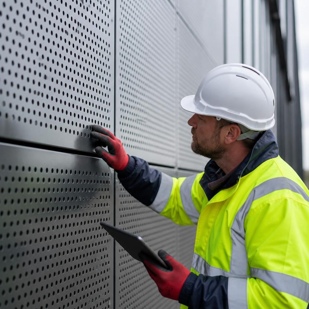 Worker inspecting perforated metal panels, fixings and panel edges