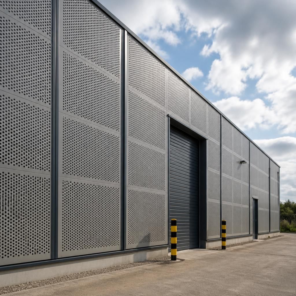 Perforated metal cladding panels installed across an industrial building elevation