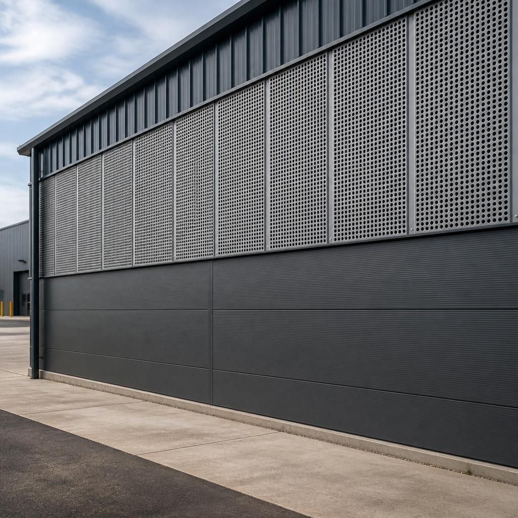 Perforated metal panels fixed to a steel building elevation beside solid wall panels