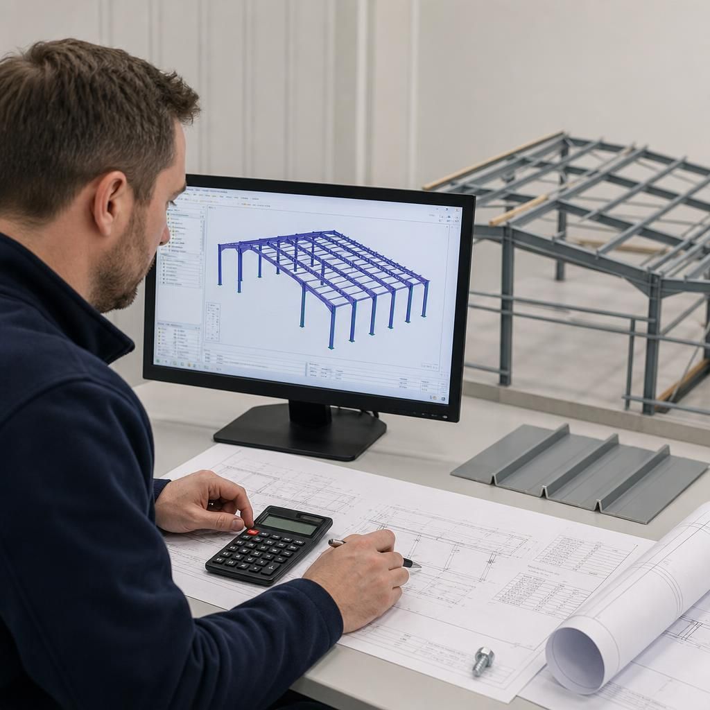 Engineer reviewing roof cladding load calculations beside a steel roof frame model