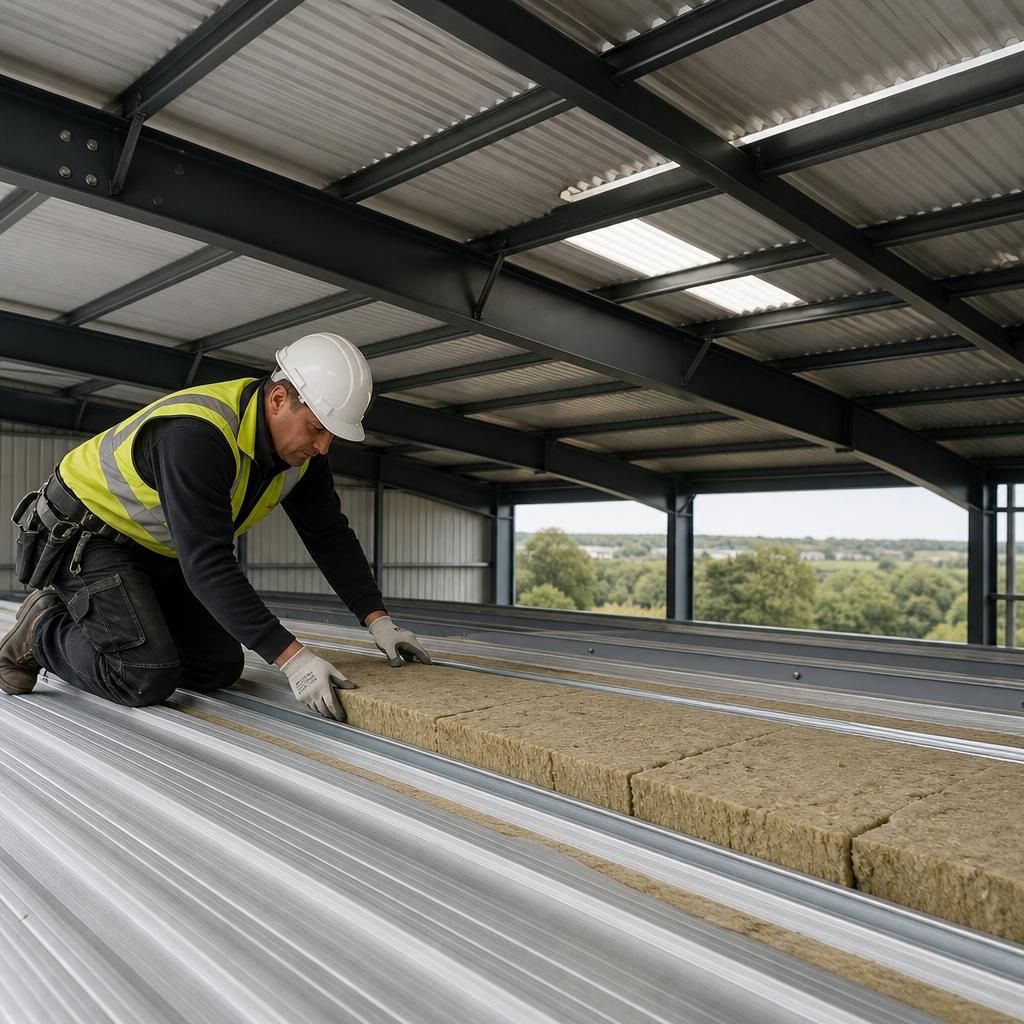 Roof cladding cross-section showing insulation between steel sheets and supporting purlins