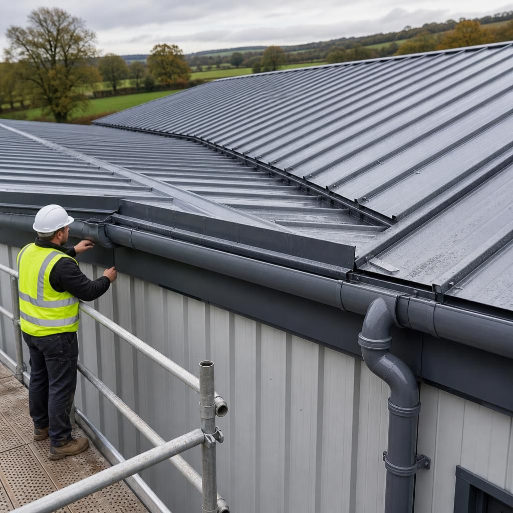 Steel roof cladding with gutters, valley channels and downpipes