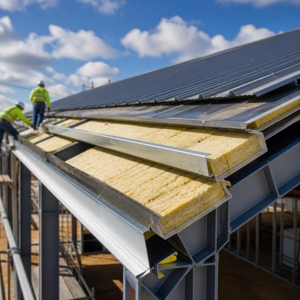 Cross-section of an insulated metal roof showing panels, insulation and supporting purlins