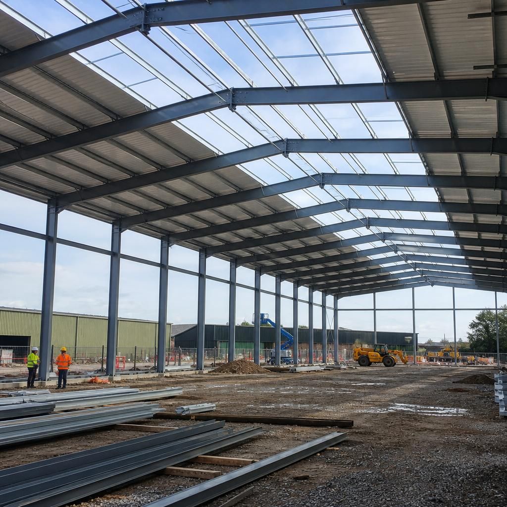 Wide-span steel roof frame with purlins supporting metal roof sheets