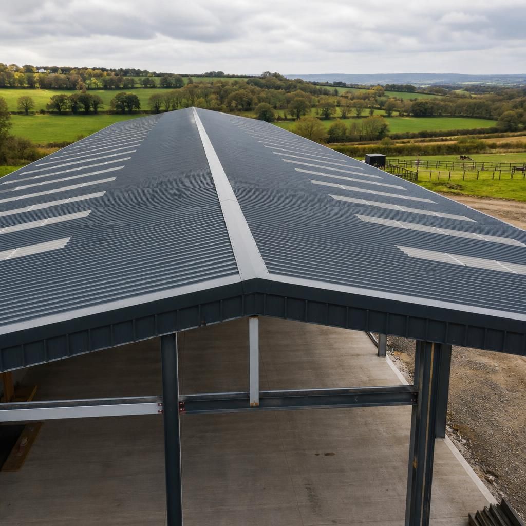 Steel-framed building with a duo-pitch metal roof and central ridge