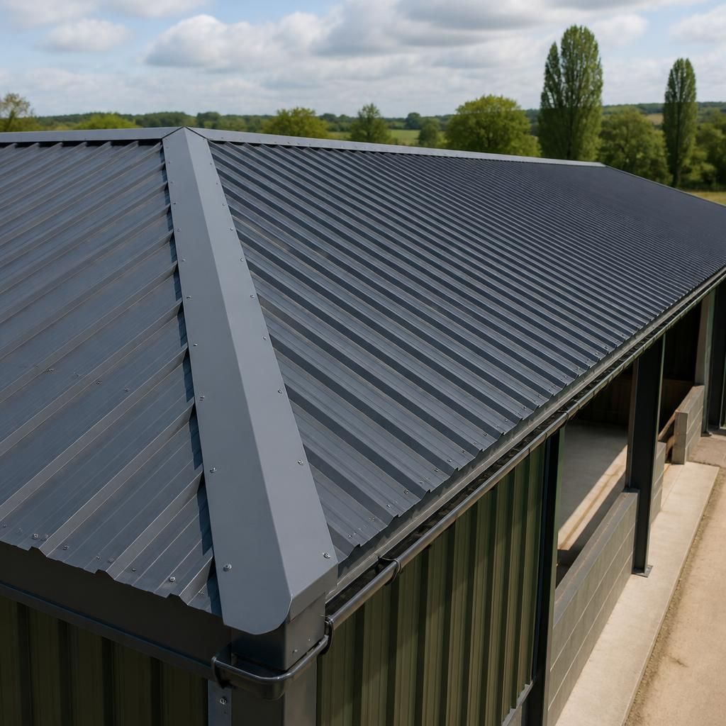 Profiled metal roof sheets with ridge flashing and guttering on a steel-framed building