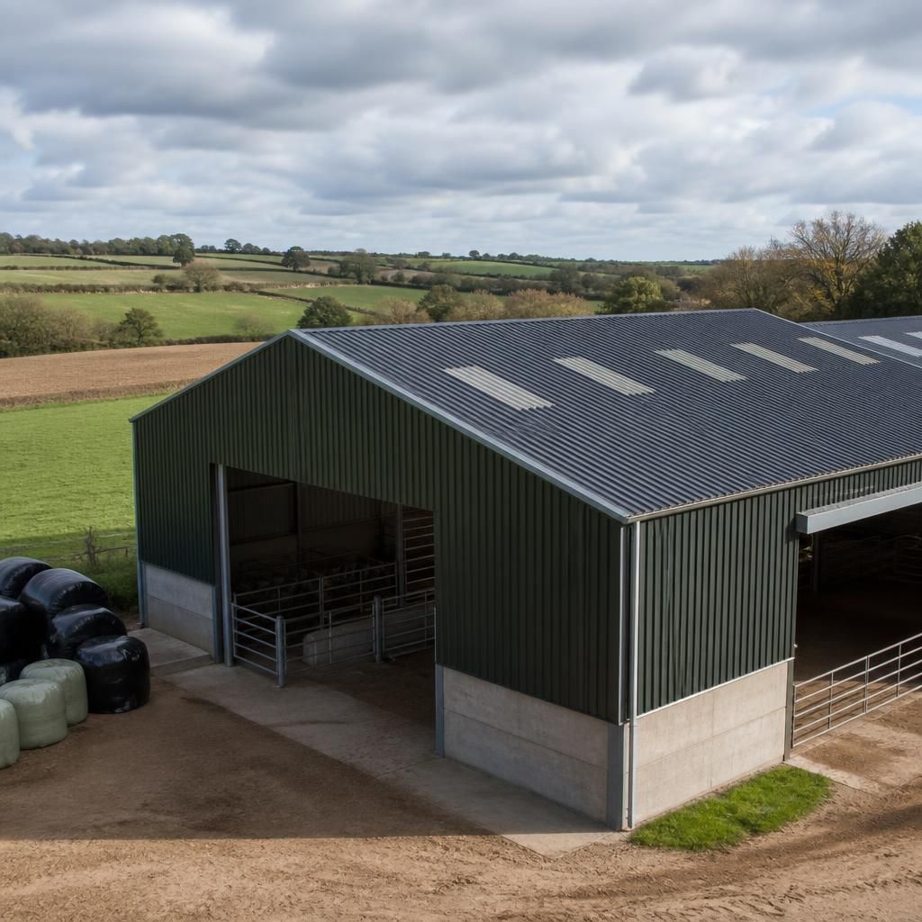 Steel-framed agricultural building with a profiled metal roof beside open farmland