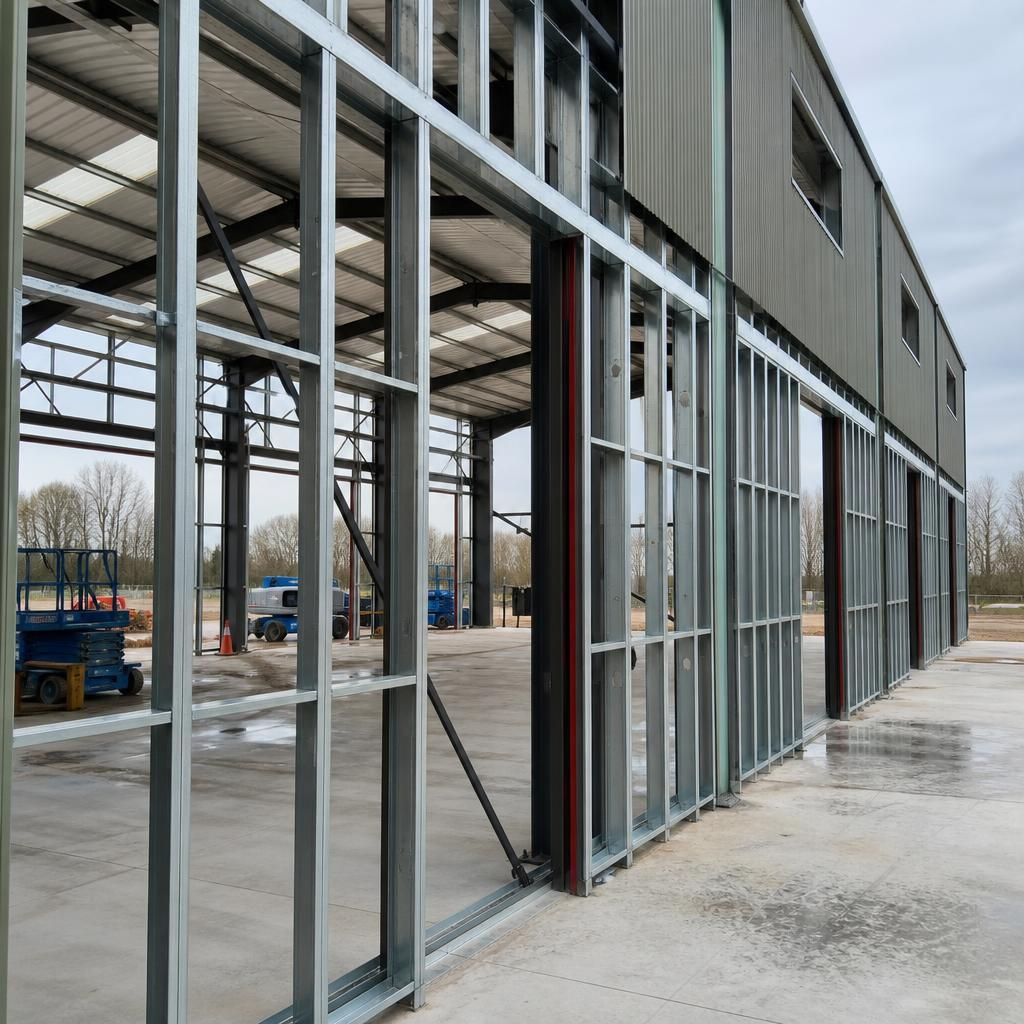 Steel-framed industrial building showing SFS wall framing around large openings