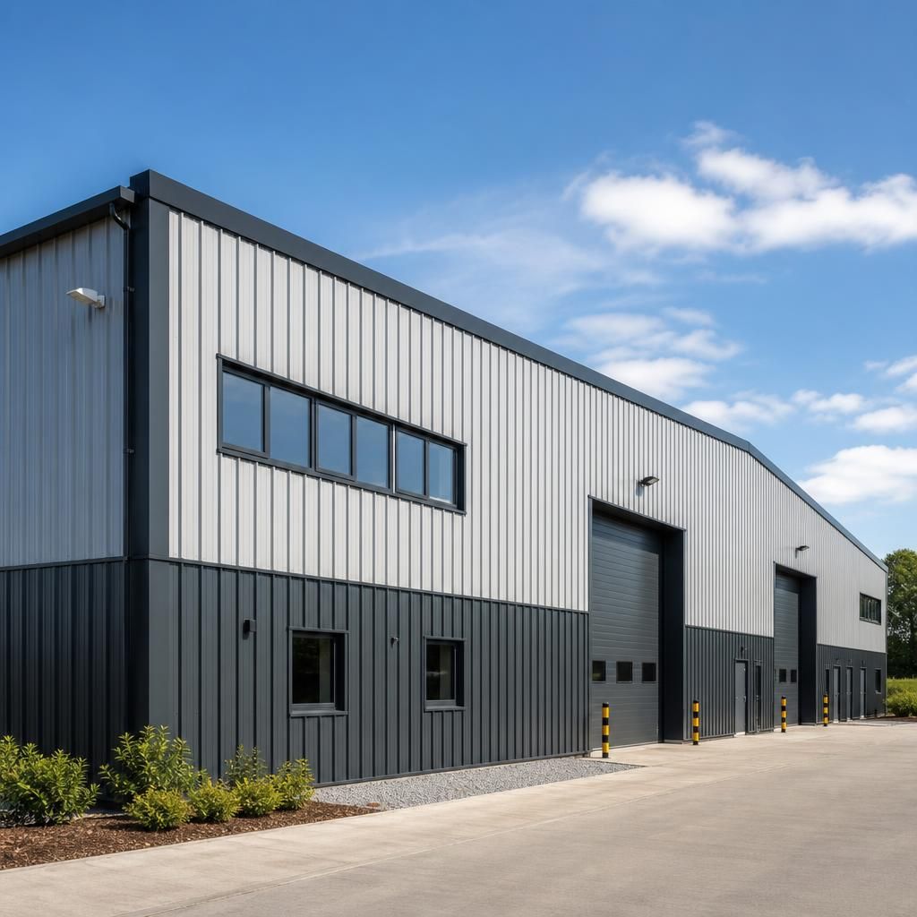 Steel-framed industrial building with profiled cladding and large loading doors