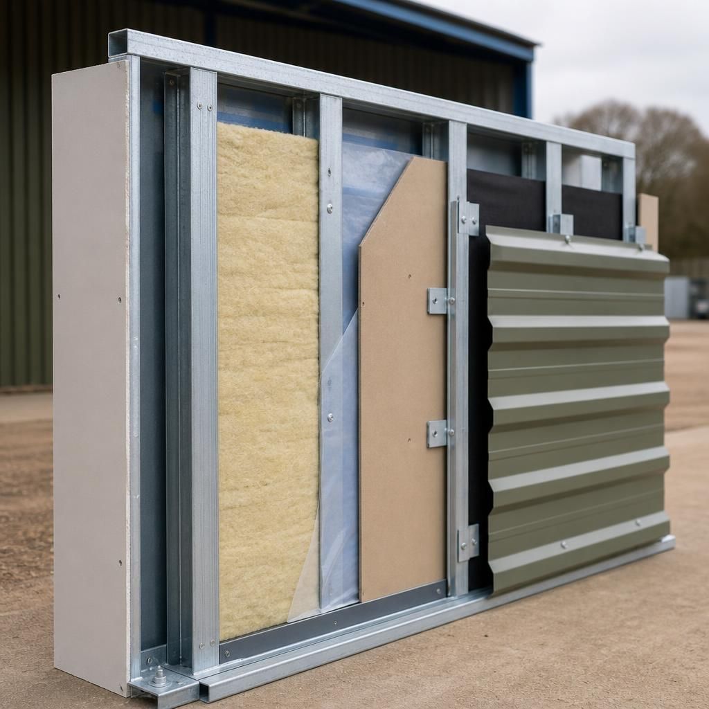 Cutaway wall section showing steel studs, insulation, sheathing, membranes, ventilated cavity and external cladding