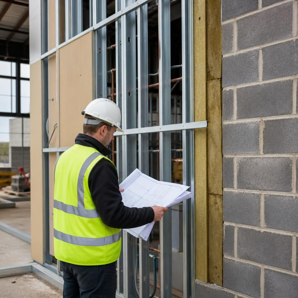 Steel studs and sheathing beside a masonry wall under construction