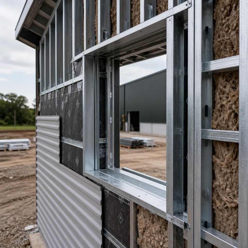 Steel framing around a window opening with insulation and external cladding layers