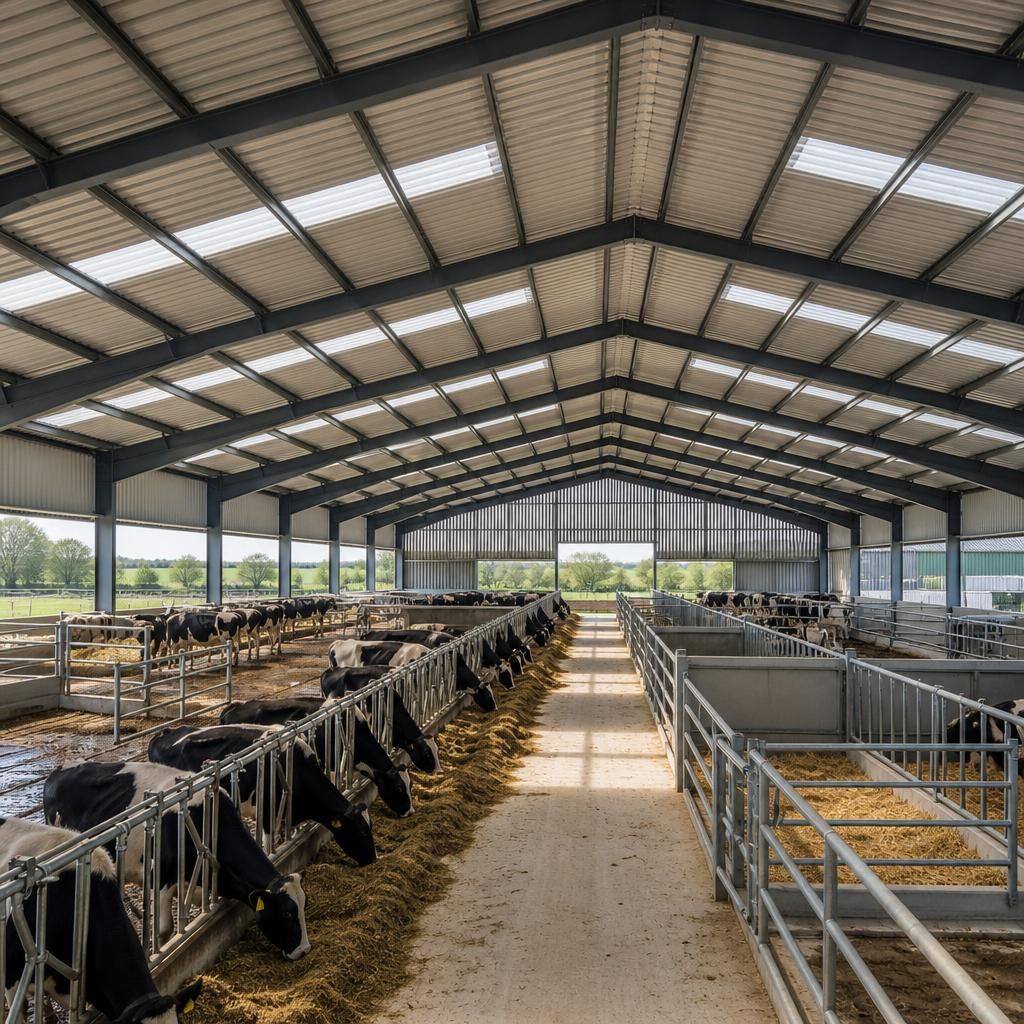 Large-span steel-framed agricultural building with profiled roof cladding