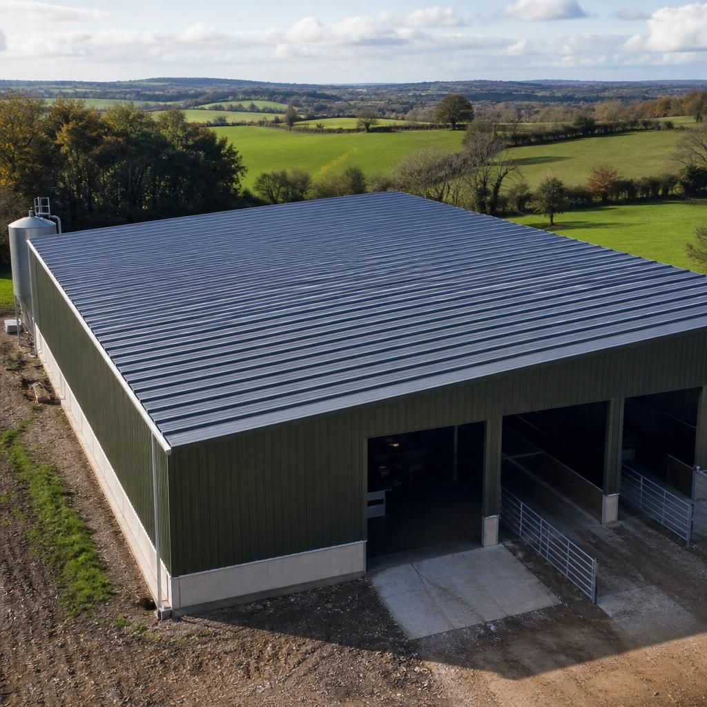 Steel roof sheets fitted across a shallow-pitched agricultural building
