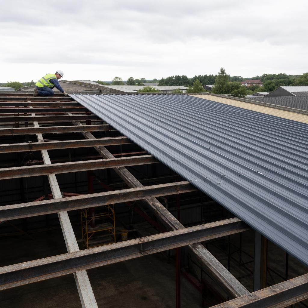 Steel roof cladding panels fixed to existing purlins on an industrial building