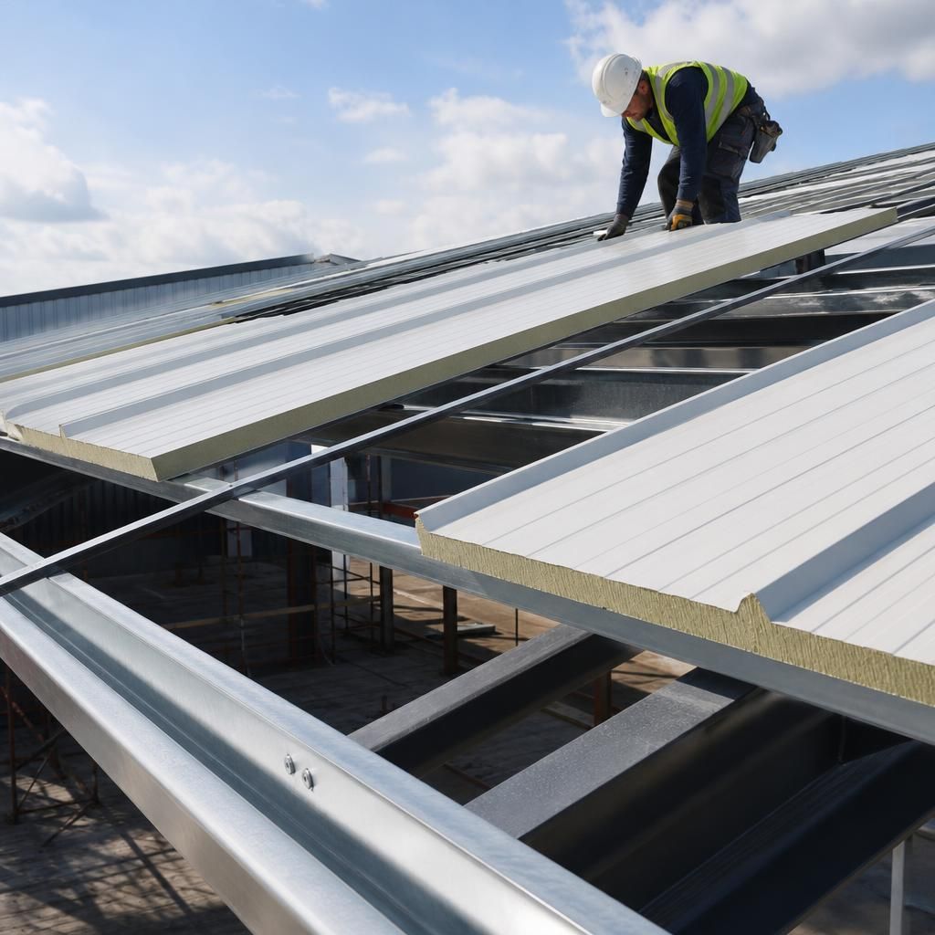 Insulated steel roof panels fitted over purlins on a steel-framed building