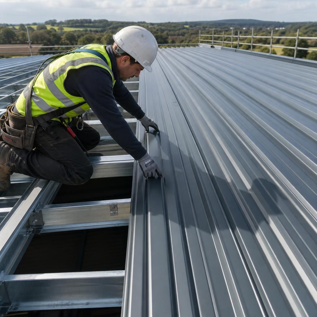 Steel roofing sheets laid across purlins with matching side laps and continuous profile ribs