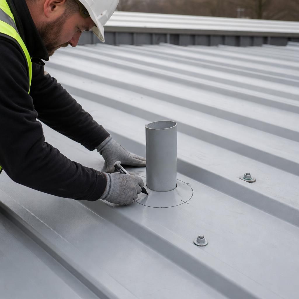 Steel roofing sheet marked around a roof pipe before cutting