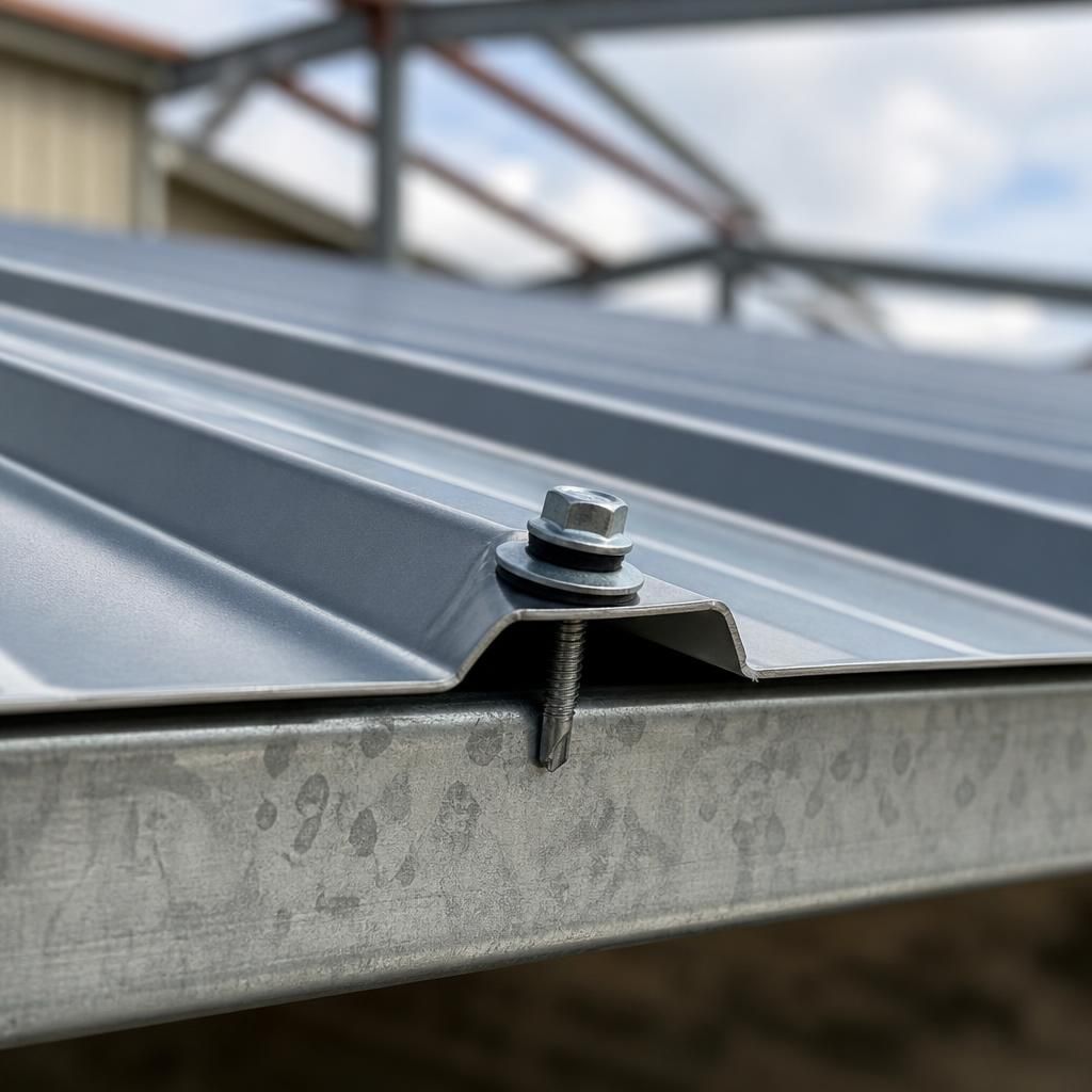 Self-drilling roofing screw with bonded washer securing a steel sheet to a metal purlin