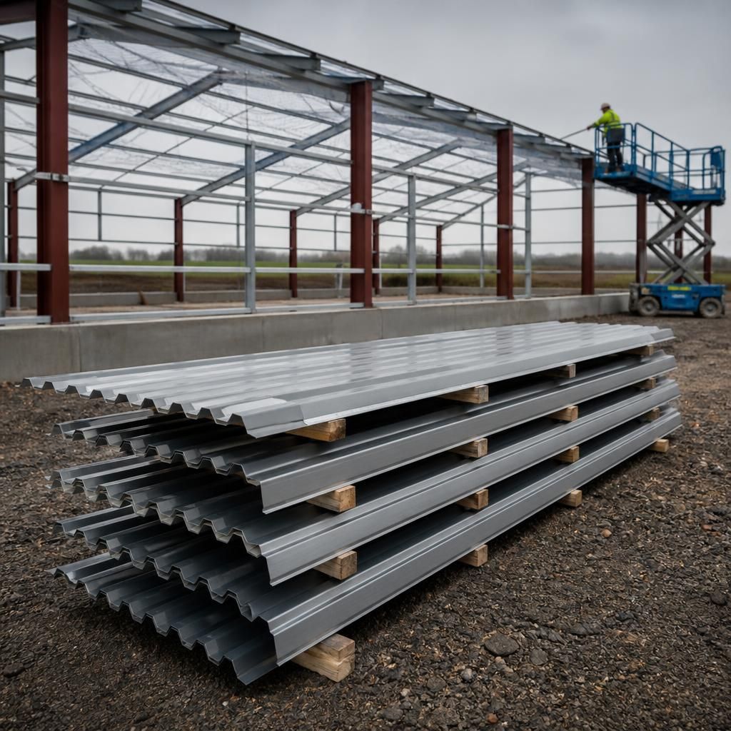 Steel roofing sheets stored on timber bearers beside a prepared roof structure