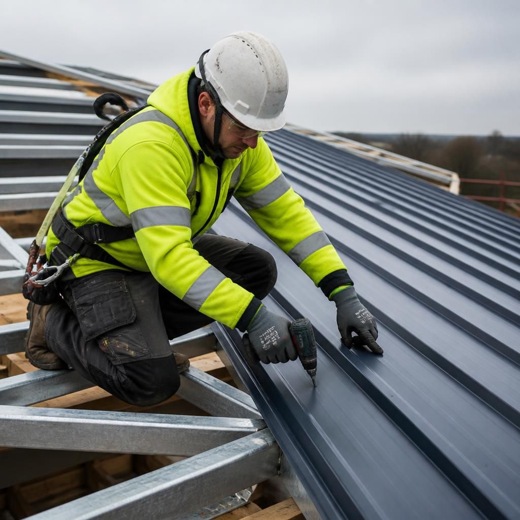 Installer in protective clothing securing a steel roofing sheet to a roof frame