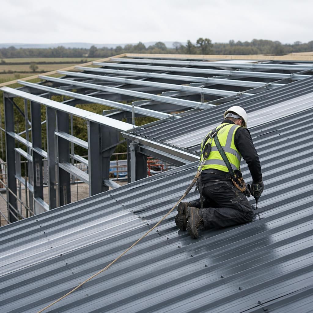 Installer wearing a safety harness beside a steel-framed building roof