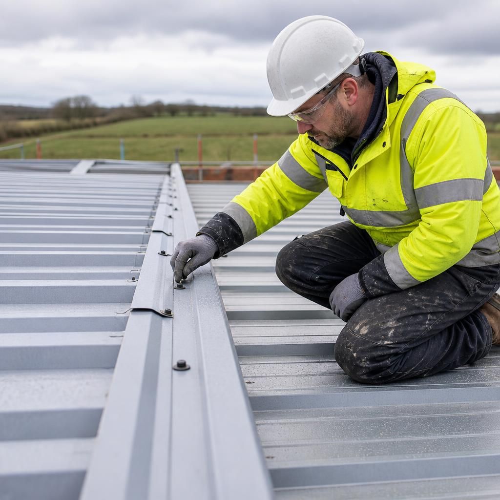 Installer checking roof sheet fixings and sealant at a roof edge