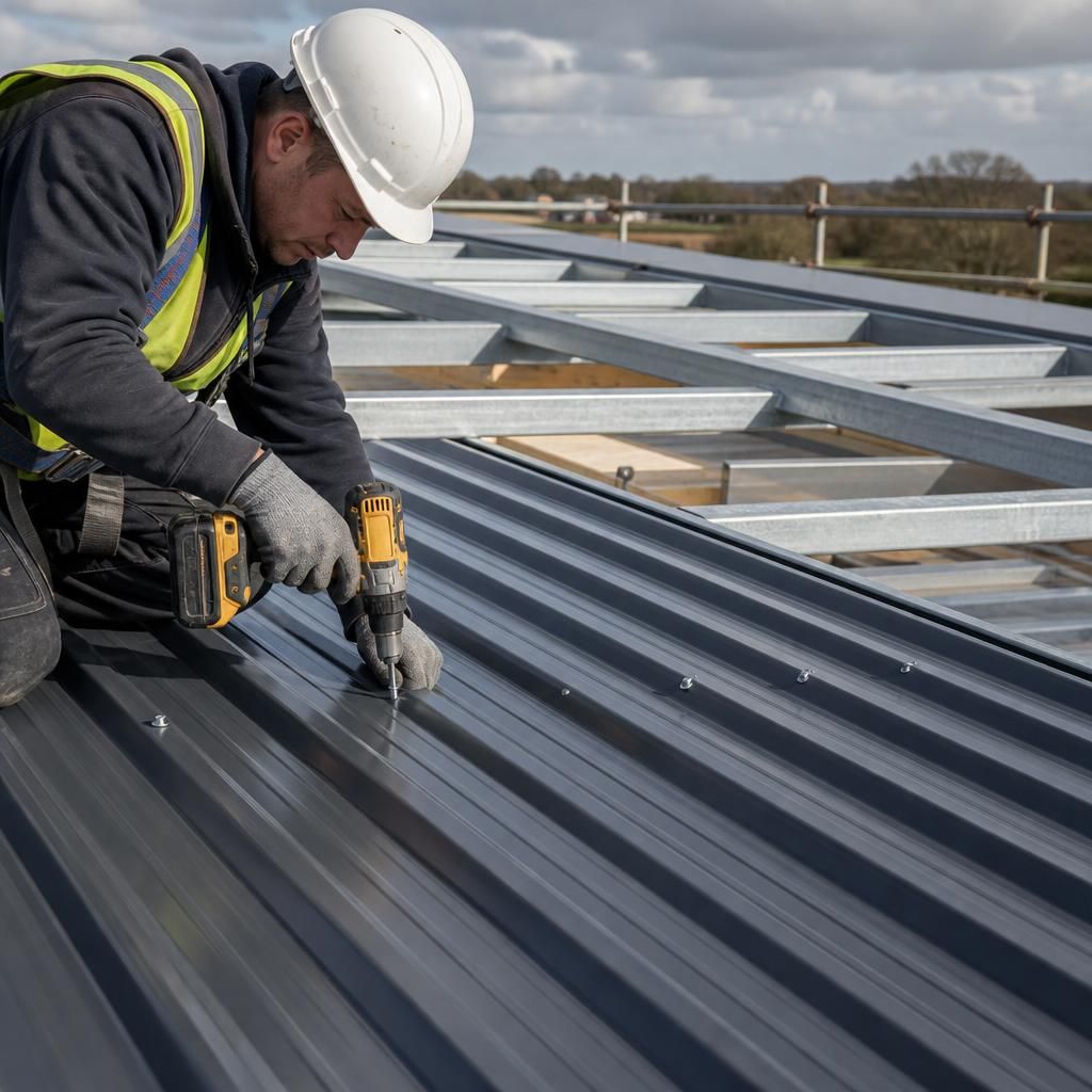 Installer using a screw gun to fix profiled metal roof sheets to steel purlins