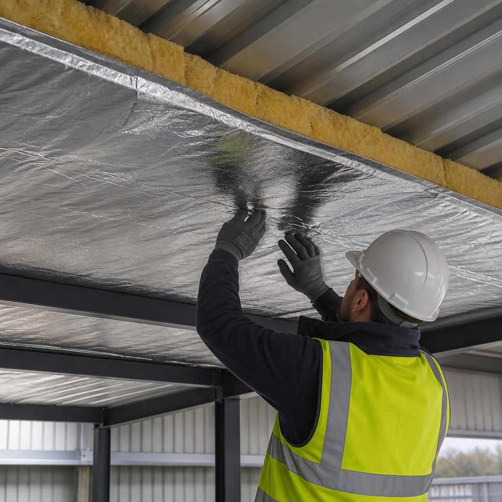 Cross-section of a sheet metal roof showing insulation, vapour control layer and internal liner