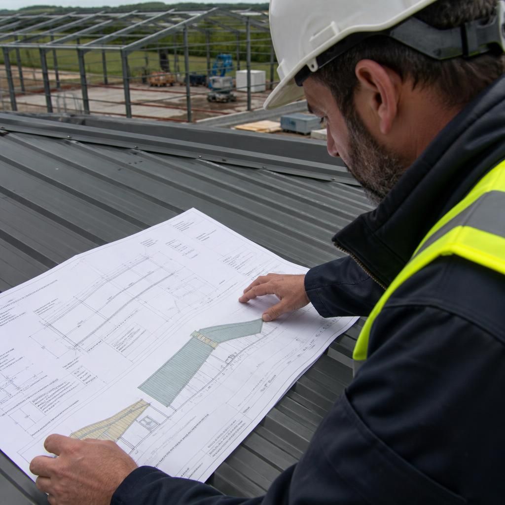 Roof plan showing sheet layout, ridge, eaves and roof penetrations
