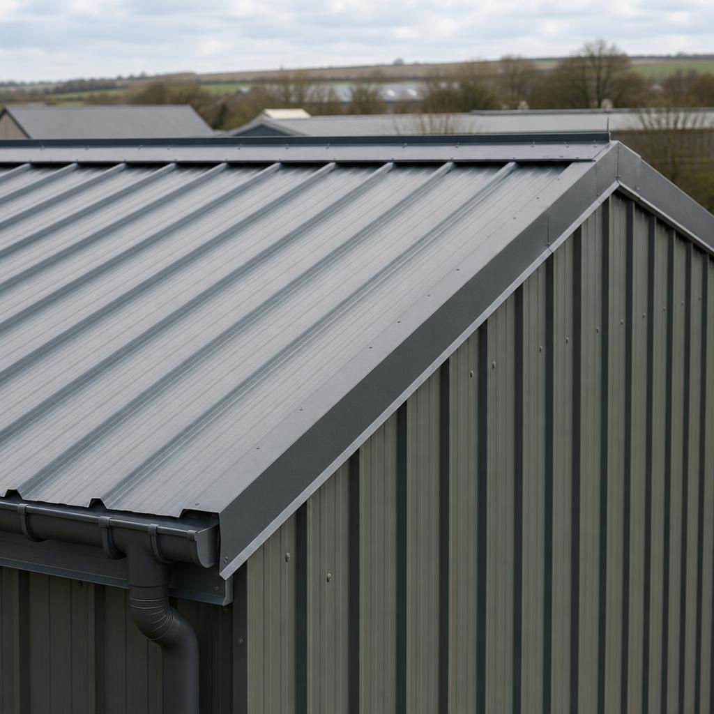 Steel-framed building roof showing sheet metal panels, ridge, eaves and guttering