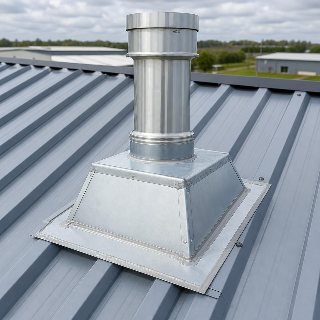 Steel roof panel with a raised kerb, flashing and sealed service penetration