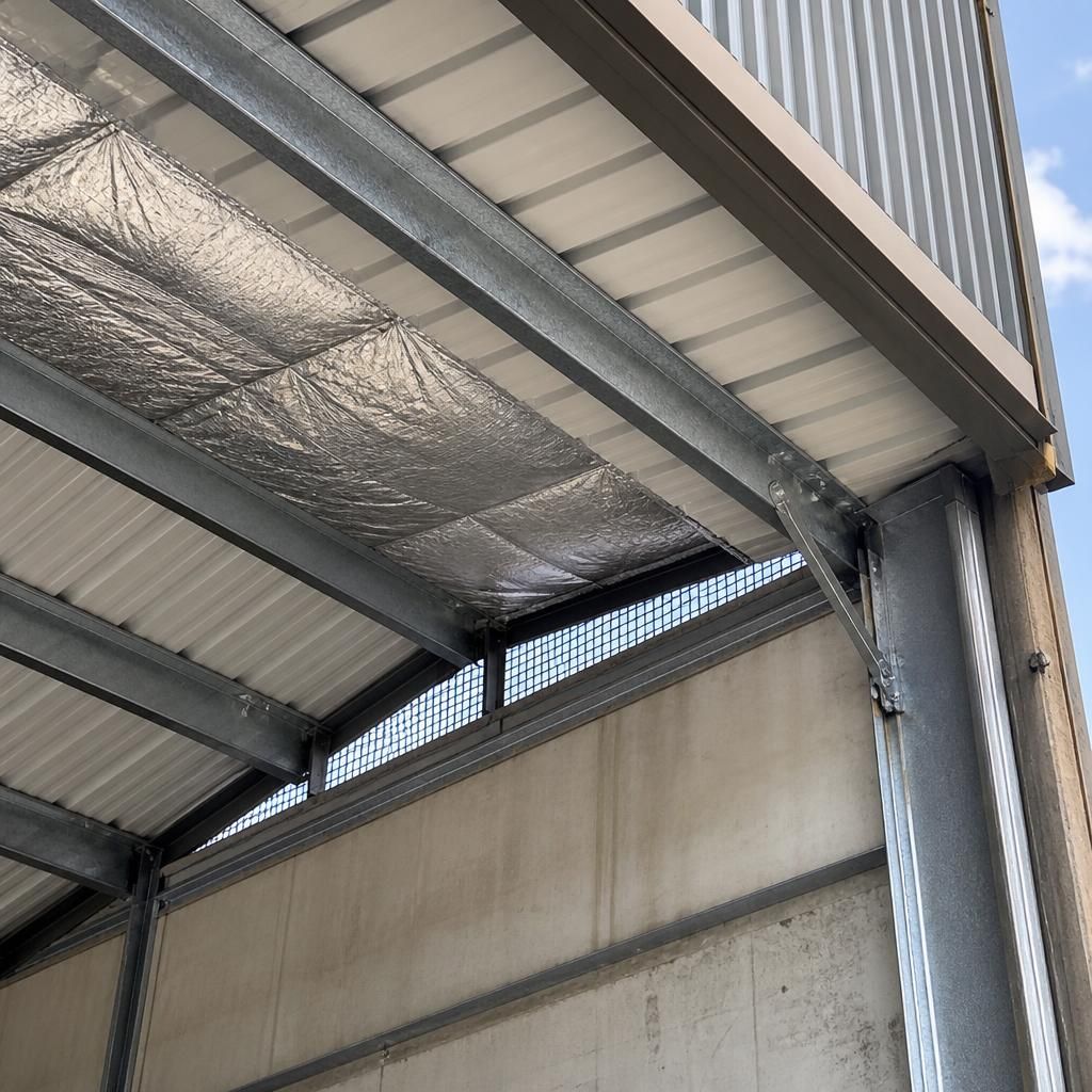 Steel roof panel underside with insulation and ventilation detailing at the eaves