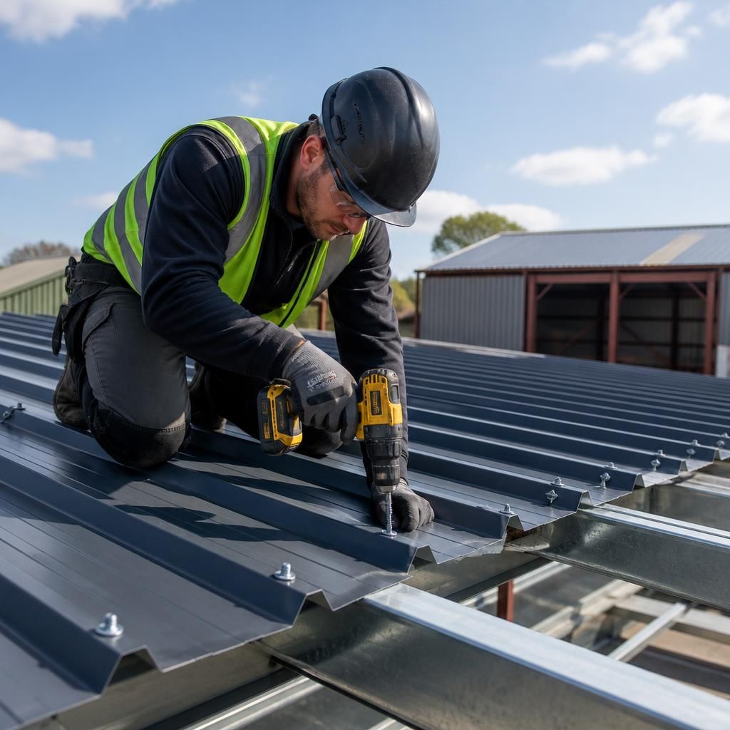 Installer using a screw gun to secure a profiled steel roof panel to a purlin