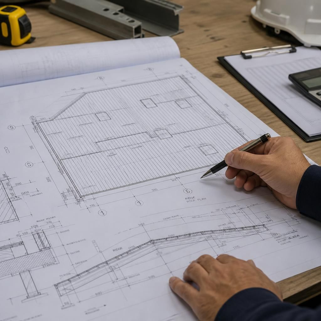 Roof plan and structural drawings showing steel panel dimensions and roof penetrations