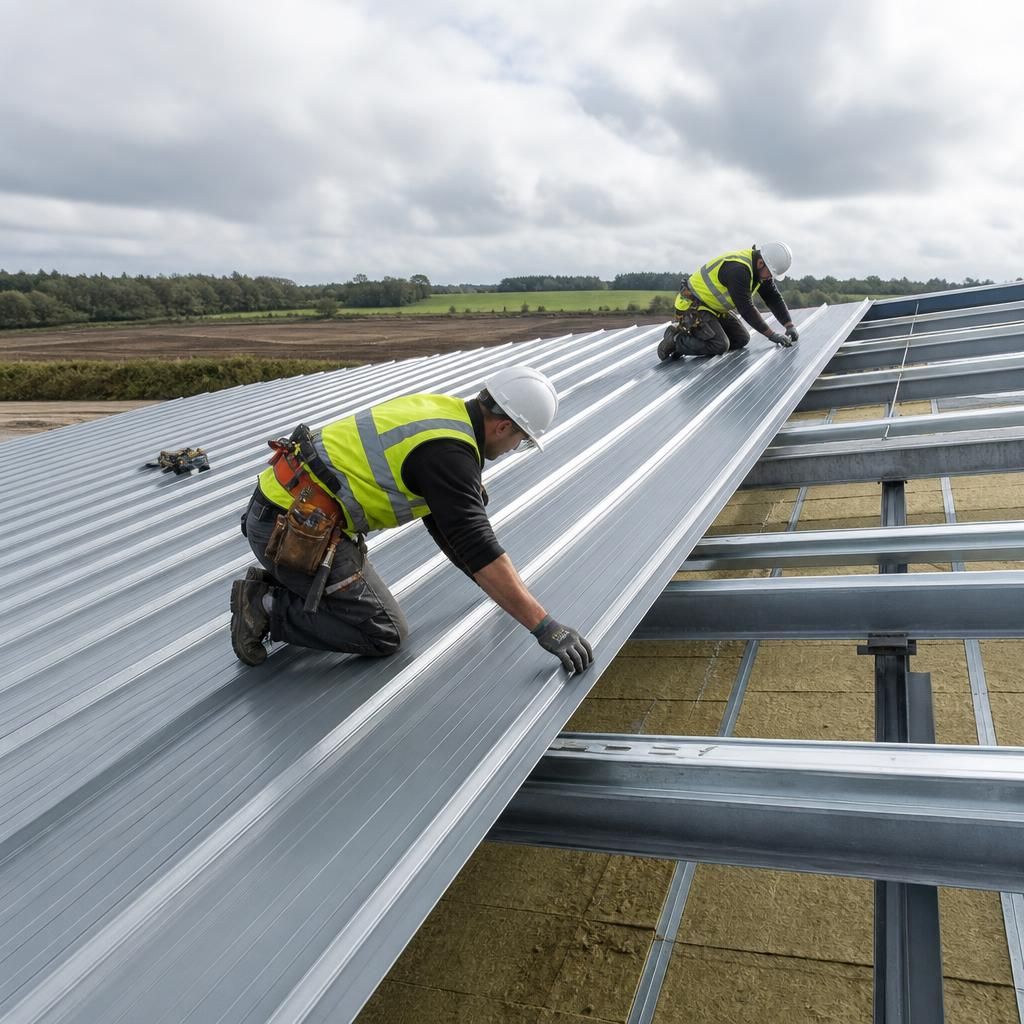 Installer securing insulated steel roof panels to steel purlins with self-drilling fasteners