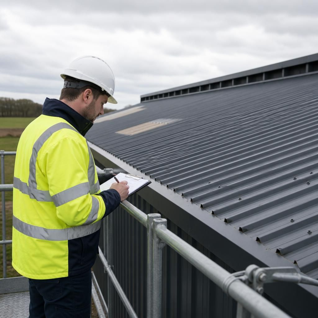 Technician inspecting installed roof sheets from an access platform