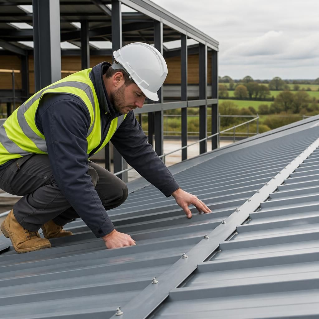 Installer checking roof sheet laps and fixings beside a steel-framed building