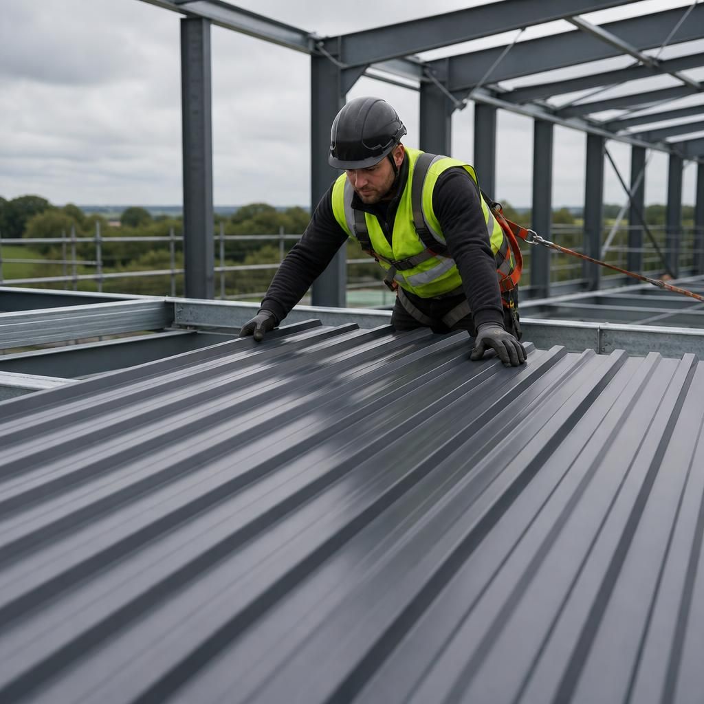 Worker positioning a profiled metal roof sheet on a steel-framed building