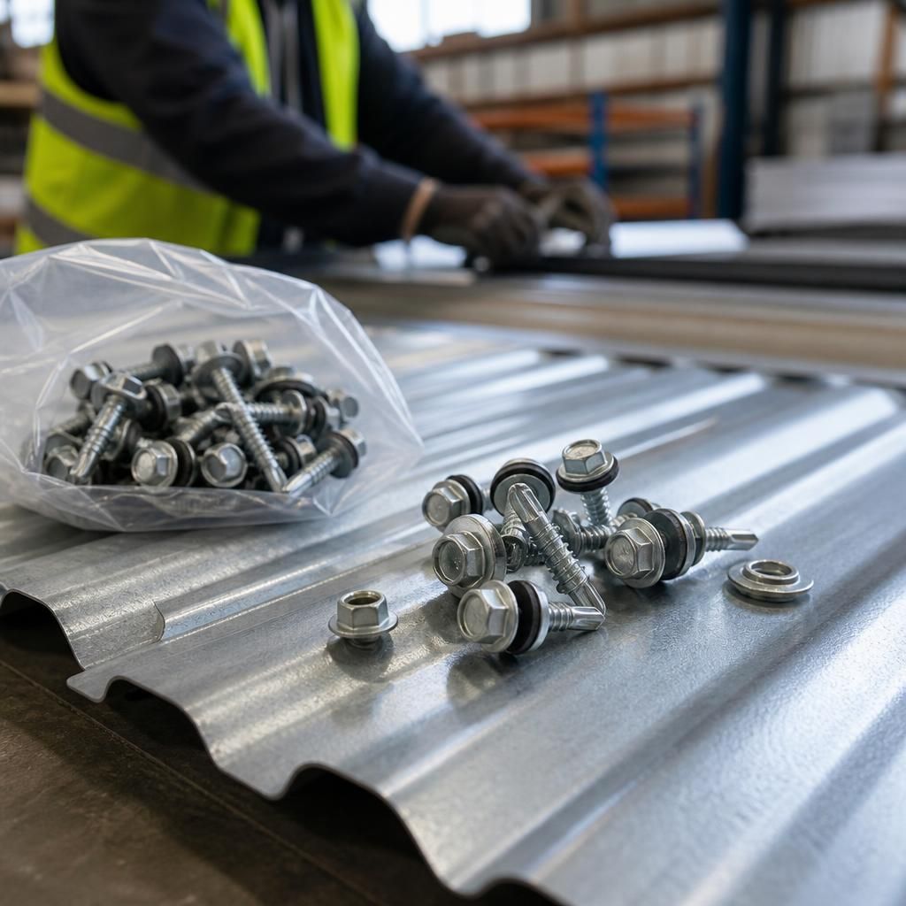 Galvanised roofing sheets with roofing screws, sealing washers and side-lap fixings
