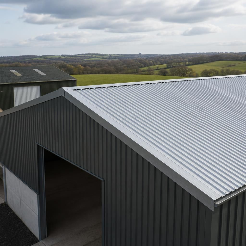 Galvanised profiled roofing sheets installed on a steel-framed agricultural building
