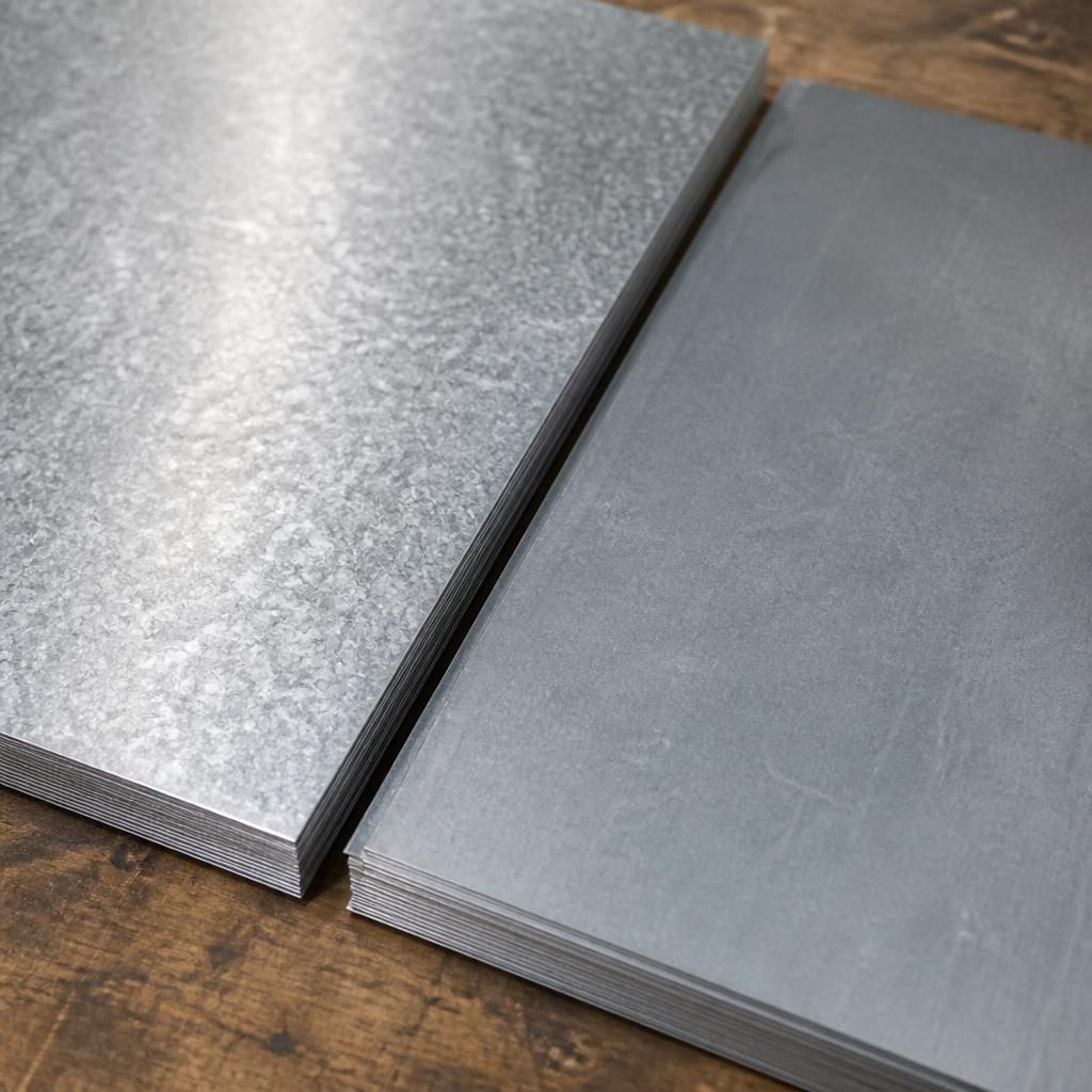 Galvanised steel sheet beside zinc sheet showing their different surface finishes