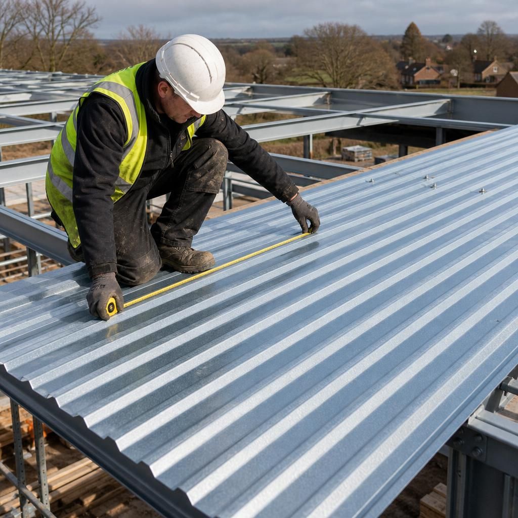 Galvanised roofing sheets measured against a steel roof frame